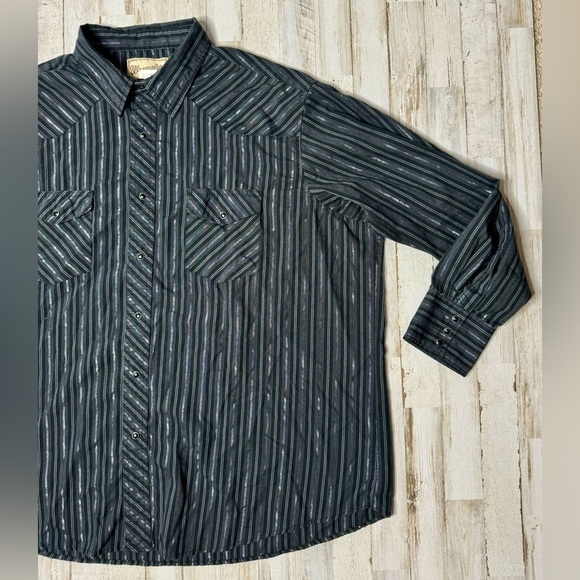 Wrangler Western Fashion Shirt Mens 2XL Black w/Metallic Stripes Pearl Snap - Picture 2 of 13